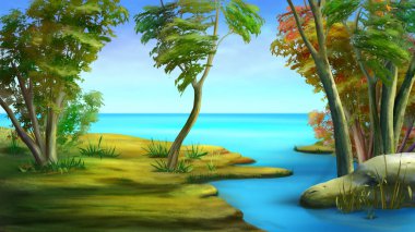 Güneşli bir yaz gününde, yaprak döken bir ormandaki geniş bir nehrin kıyısında. Dijital Boyama Arkaplanı, Resimler.