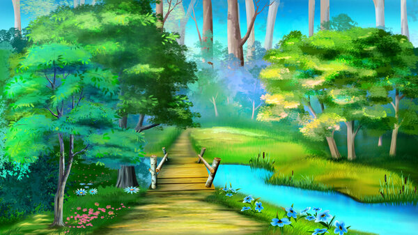 Small wooden bridge over a forest stream. Digital Painting Background, Illustration.