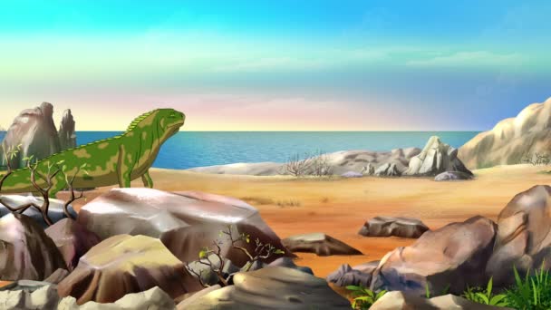 Iguana Marinha Verde Uma Ilha Oceano Artesanal Imagens Animadas — Vídeo de Stock
