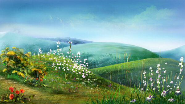 Hilly landscape with wild flowers in springtime. Digital Painting Background, Illustration.