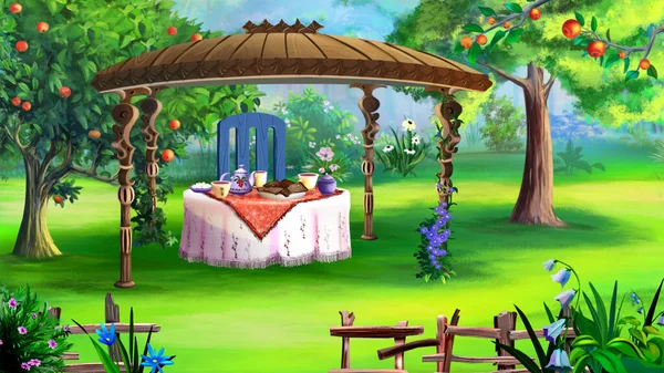 Petit Déjeuner Dans Gazebo Confortable Dans Jardin Par Une Matinée — Photo