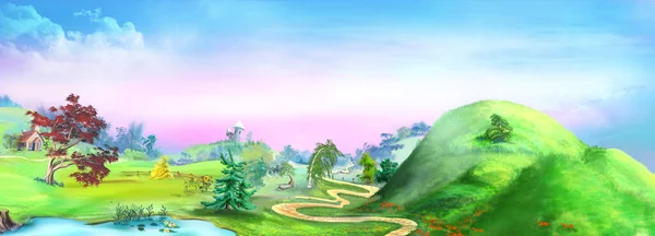 Path Hills Rural Landscape Summer Day Digital Painting Background Illustration — ストック写真