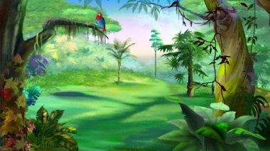 Yağmur ormanlarında yeşil iguana. El yapımı 4K animasyon görüntüleri.