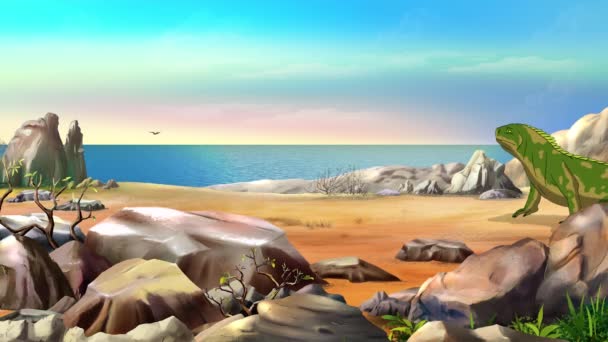 Zielona Morska Iguana Wyspie Oceanie Ręcznie Robiony Animowany Materiał — Wideo stockowe