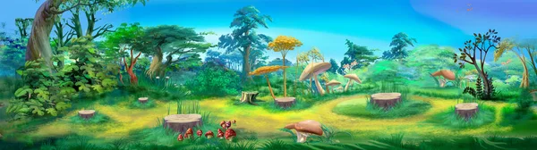夏天的一天 童话森林里的树桩 数码绘画背景 — 图库照片