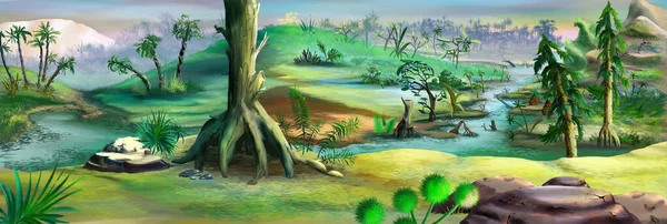 Ősi Erdő Mezozoikumban Digitális Festészet Háttér Illusztráció — Stock Fotó