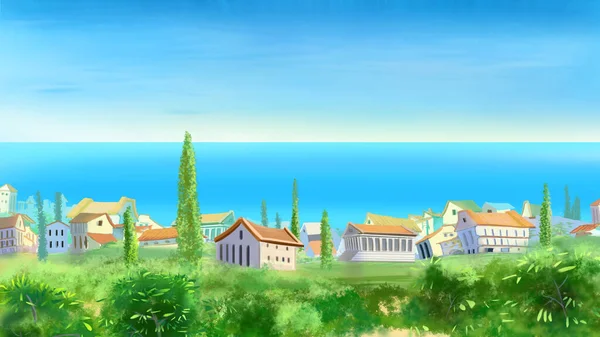 View Ancient City Sea Digital Painting Background Illustration — стоковое фото