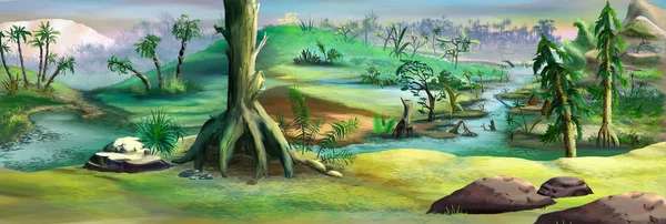 Forêt Primitive Époque Mésozoïque Peinture Numérique Fond Illustration — Photo