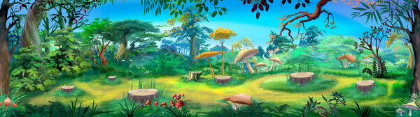 Stumps in the fairy tale forest on a summer day. Digital Painting Background, Illustration.