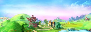 Tepeler arasındaki yol. Bir yaz gününde kırsal alan. Dijital Boyama Arkaplanı, Resimler.