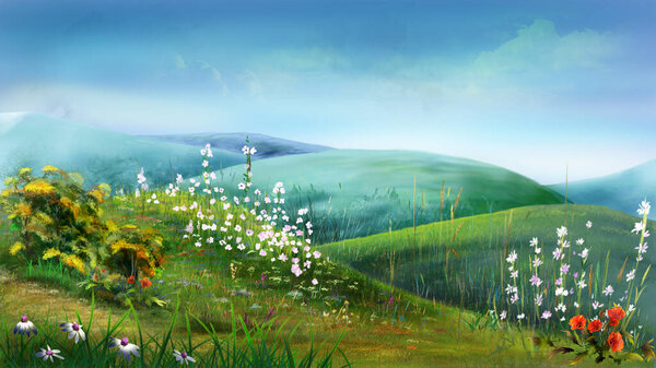 Hilly landscape with wild flowers at springtime. Digital Painting Background, Illustration.