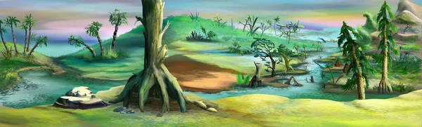 Bosque Primitivo Era Mesozoica Fondo Pintura Digital Ilustración — Foto de Stock