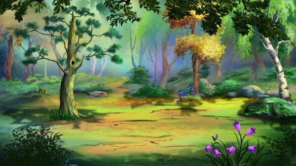 Large pine tree with a hollow in a forest clearing. Digital Painting Background, Illustration.