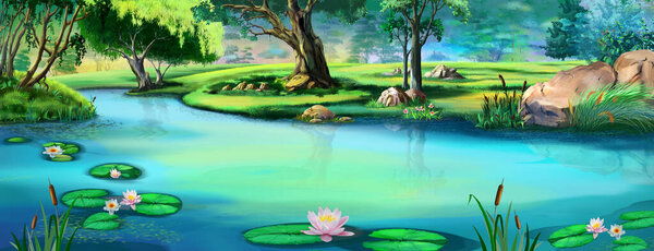 Water lilies on the river on a summer sunny day. Digital Painting Background, Illustration.