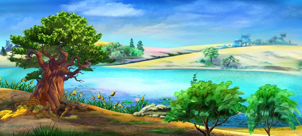 Duży Dąb Pobliżu Rzeki Letni Słoneczny Dzień Cyfrowe Tło Malarstwa — Zdjęcie stockowe