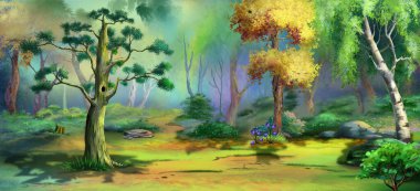 Orman açıklığında oyuğu olan büyük bir çam ağacı. Dijital Boyama Arkaplanı, Resimler.