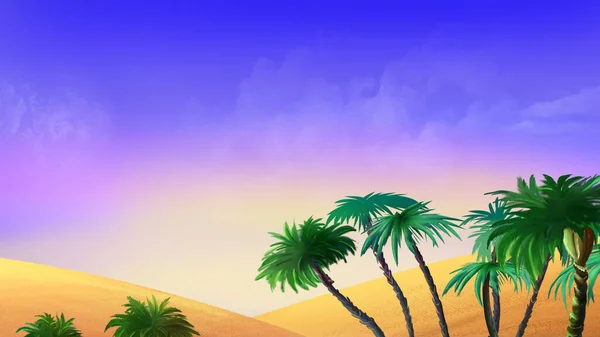 Kum Tepelerinin Üstündeki Gökyüzü Palmiye Ağaçlarının Taçları Dijital Boyama Arkaplanı — Stok fotoğraf