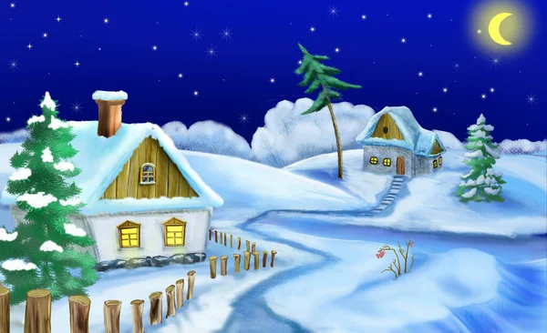 Magica Notte Inverno Nel Villaggio Ucraino Sfondo Pittura Digitale Illustrazione — Foto Stock