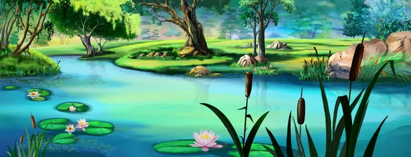 夏天阳光明媚的时候 河边的百合花 数码绘画背景 — 图库照片