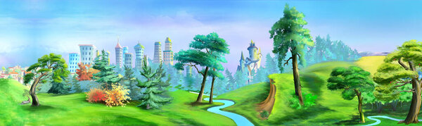 Natural park with a river near a big city. Digital Painting Background, Illustration.
