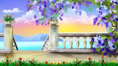 Parkın kenarından dağlar ve deniz manzarası. Dijital Boyama Arkaplanı, Resimler.