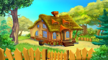 Fairy tale country house with apple trees on a summer day. Digital Painting Background, Illustration.