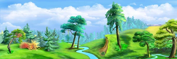 Natural Parkland River Sunny Summer Day Digital Painting Background Illustration — ストック写真