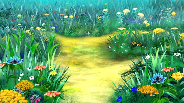 五彩缤纷的野花在草地上 数码绘画背景 — 图库照片