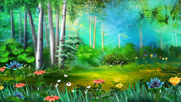 Bright colorful wild flowers in the forest. Digital Painting Background, Illustration.