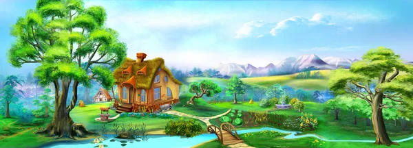 Fairy Tale Country House Fields River Summer Day Digital Painting — ストック写真