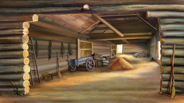 Farm barn interior. Digital Painting Background, Illustration.