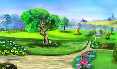 Bir kır evinin arka bahçesinin yerleşik manzara tasarımı. Dijital Boyama Arkaplanı, Resimler.