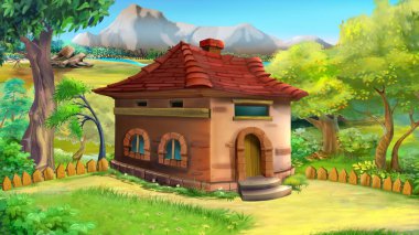 Fairy tale forest house on a summer day. Digital Painting Background, Illustration.