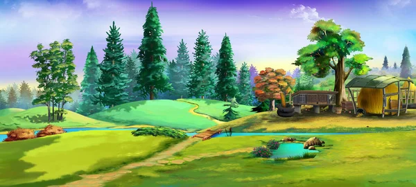 Güneşli bir yaz gününde köyde bir hayvan çiftliği. Dijital Boyama Arkaplanı, Resimler.