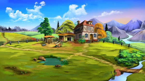 Country House Farm Mountains Sunny Day Digital Painting Background Illustration — Stock Photo, Image