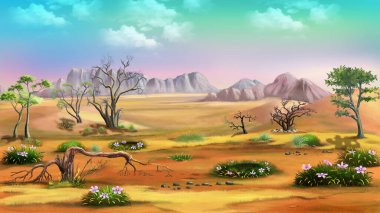 Afrika savanası manzarası. Dijital Boyama Arkaplanı, Resimler.