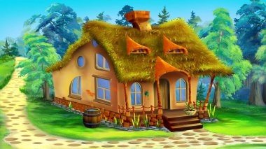 Fairy tale forest house on a summer day. Digital Painting Background, Illustration.