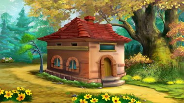Fairy tale forest house on a summer day. Digital Painting Background, Illustration.