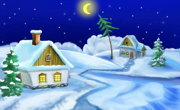 Магічна Зимова Ніч Українському Селі Digital Painting Background Illustration — стокове фото