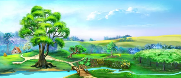 Natural Parkland River Mountain View Background Digital Painting Background Illustration — Stock Photo, Image