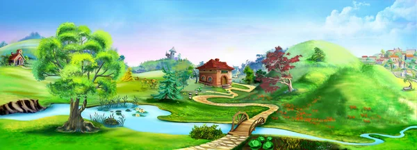 Natural Parkland River Suburban Village Digital Painting Background Illustration — Stockfoto