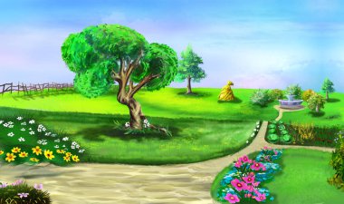 Bir kır evinin arka bahçesinin yerleşik manzara tasarımı. Dijital Boyama Arkaplanı, Resimler.