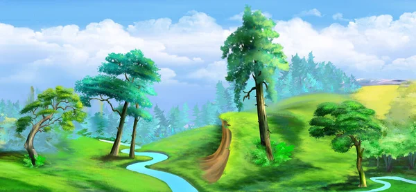 Natural Parkland River Sunny Summer Day Digital Painting Background Illustration — ストック写真