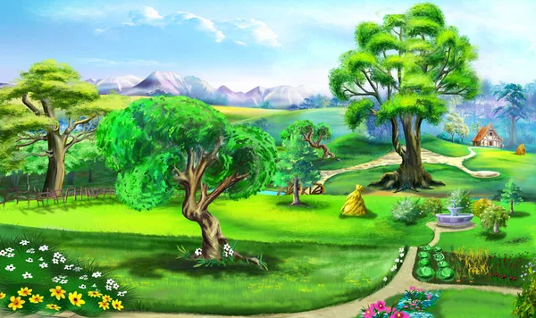 Fairy tale Village in a summer day Stock Illustration by ©zarevv
