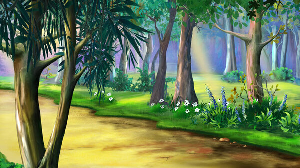 Pathway on a public park on a sunny summer day. Digital Painting Background, Illustration.