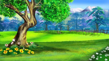 Bir kır evinin arka bahçesinin yerleşik manzara tasarımı. Dijital Boyama Arkaplanı, Resimler.