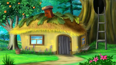 Fairy tale gnome house in the forest. Digital Painting Background, Illustration.
