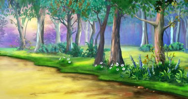 Güneşli bir yaz gününde halka açık bir parkta yol. Dijital Boyama Arkaplanı, Resimler.