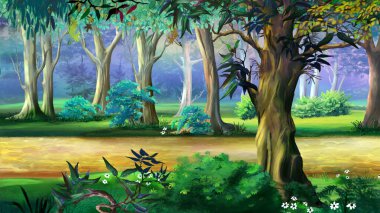 Pathway on a public park on a sunny summer day. Digital Painting Background, Illustration.