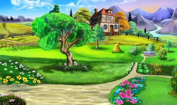 Residential Landscape Design Backyard Country House Digital Painting Background Illustration — Stockfoto